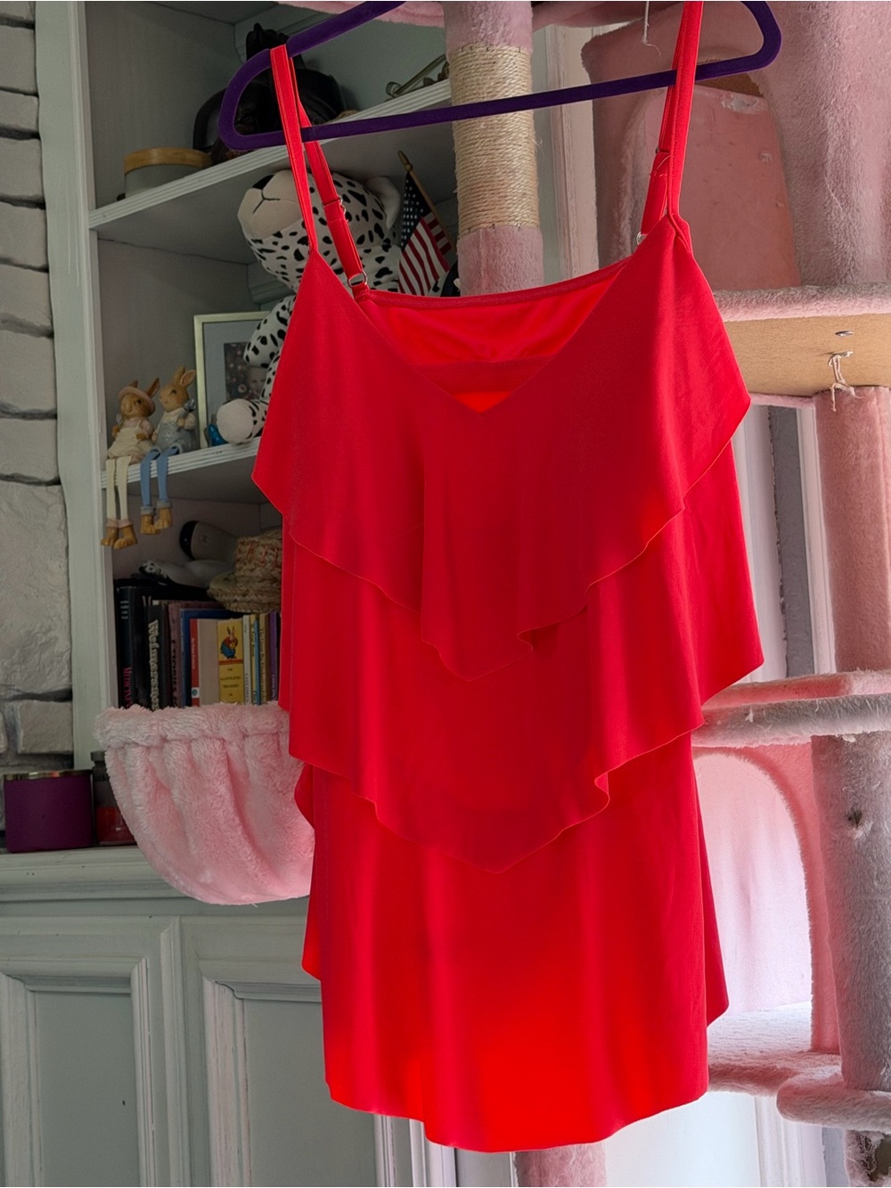Bright Red Tiered Ruffle Spaghetti Strap swimsuit top